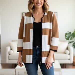 ALIA Geometric Knit Full-Zip Cardigan Camel White Mod Print Office Chic Boho